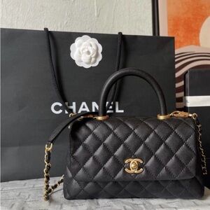 Black Quilted Shoulder Bag with Gold Accents